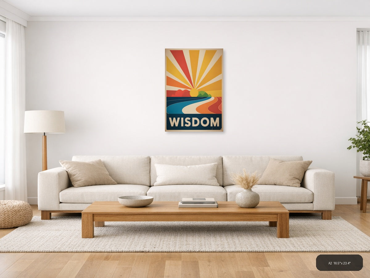 Vintage Sunrise Landscape with Wisdom Text Wall Art — A2 / Living Room