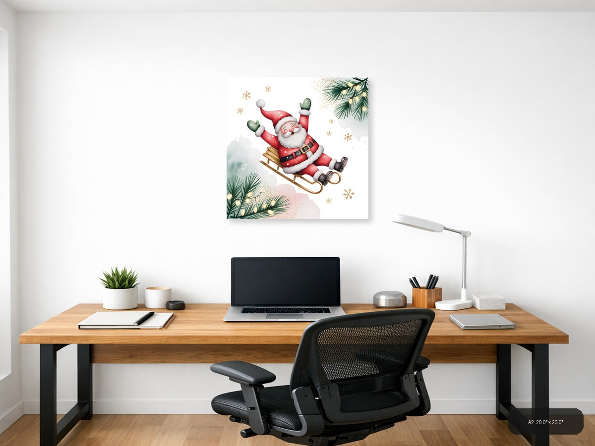 Jolly Santa on Sleigh Watercolor Wall Art — A2 / Office