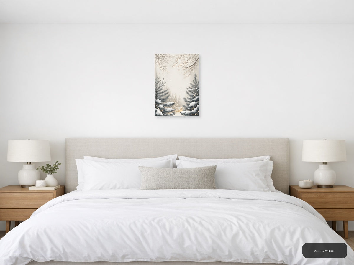 Winter Forest Cottage Line Art Wall Art — A3 / Bedroom