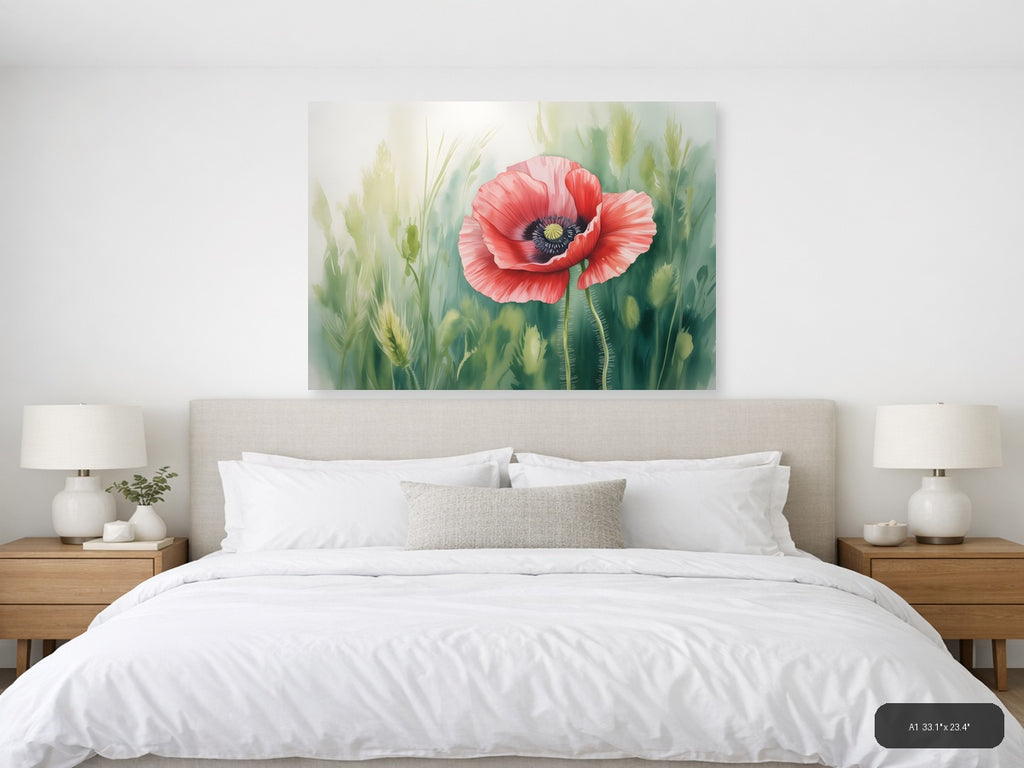 Red Poppy Watercolor Flower with Wheat Field Wall Art — A1 / Bedroom
