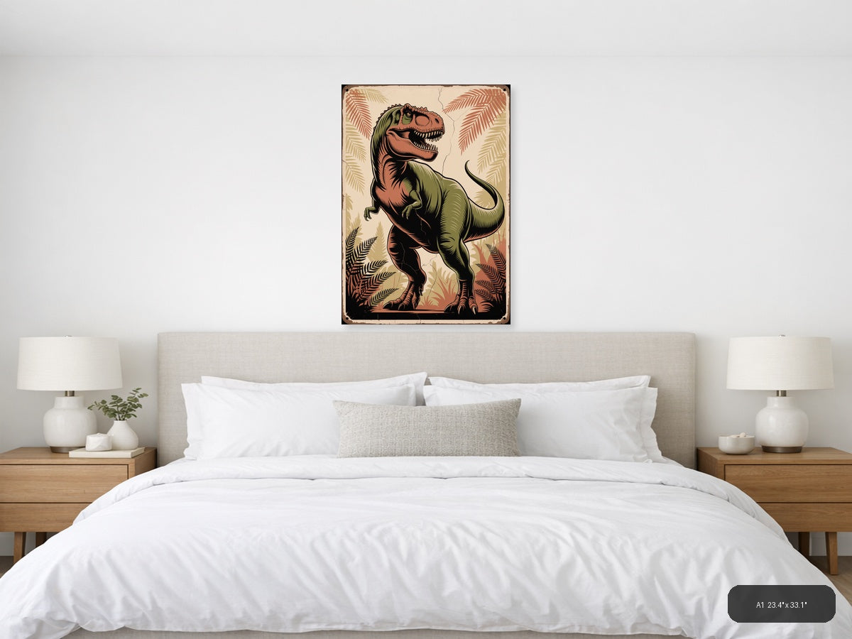 Vintage T-Rex Dinosaur Tropical Fern Wall Art — A1 / Bedroom