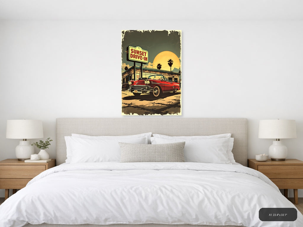Sunset Drive-In Vintage Red Car Wall Art — A1 / Bedroom