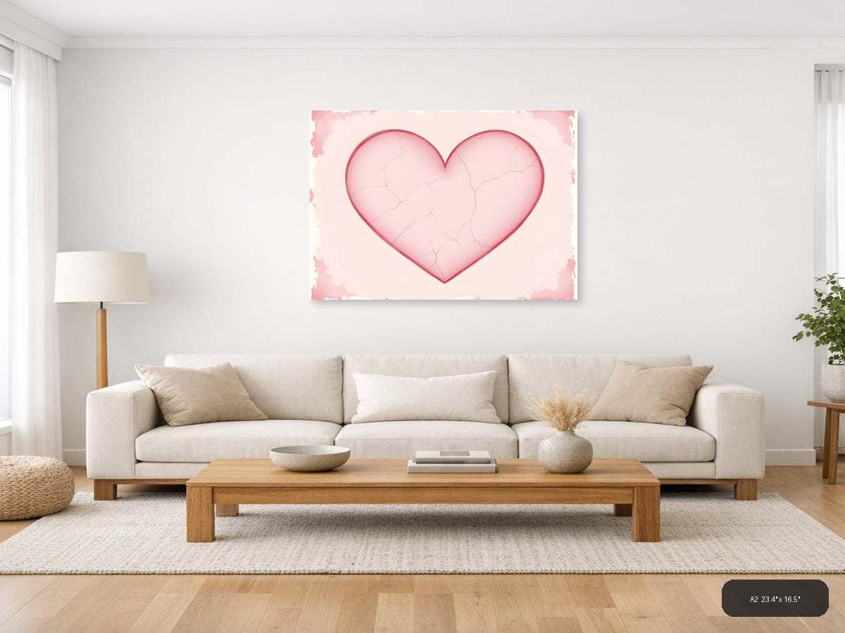 Vintage Pink Cracked Heart Love Wall Art — A2 / Living Room