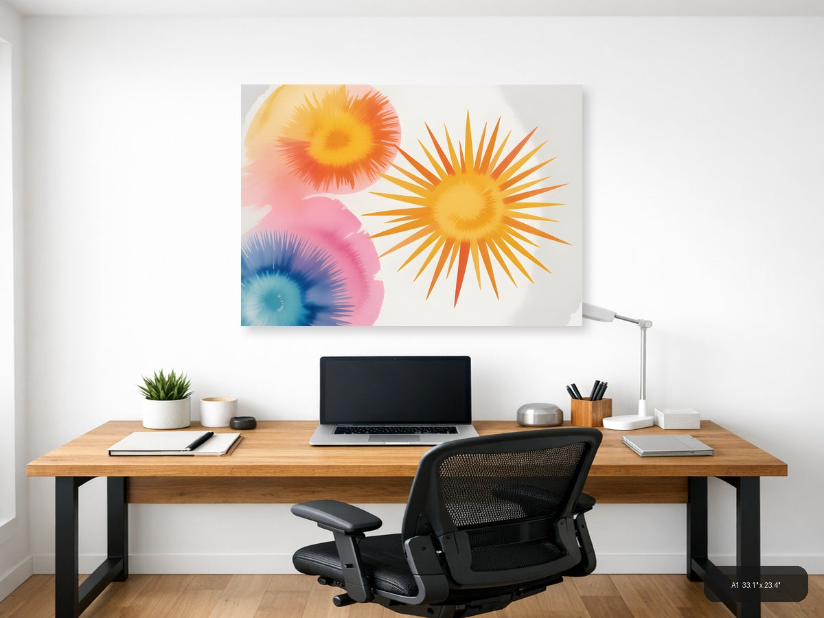 Watercolor Sunburst Flowers Abstract Wall Art — A1 / Office