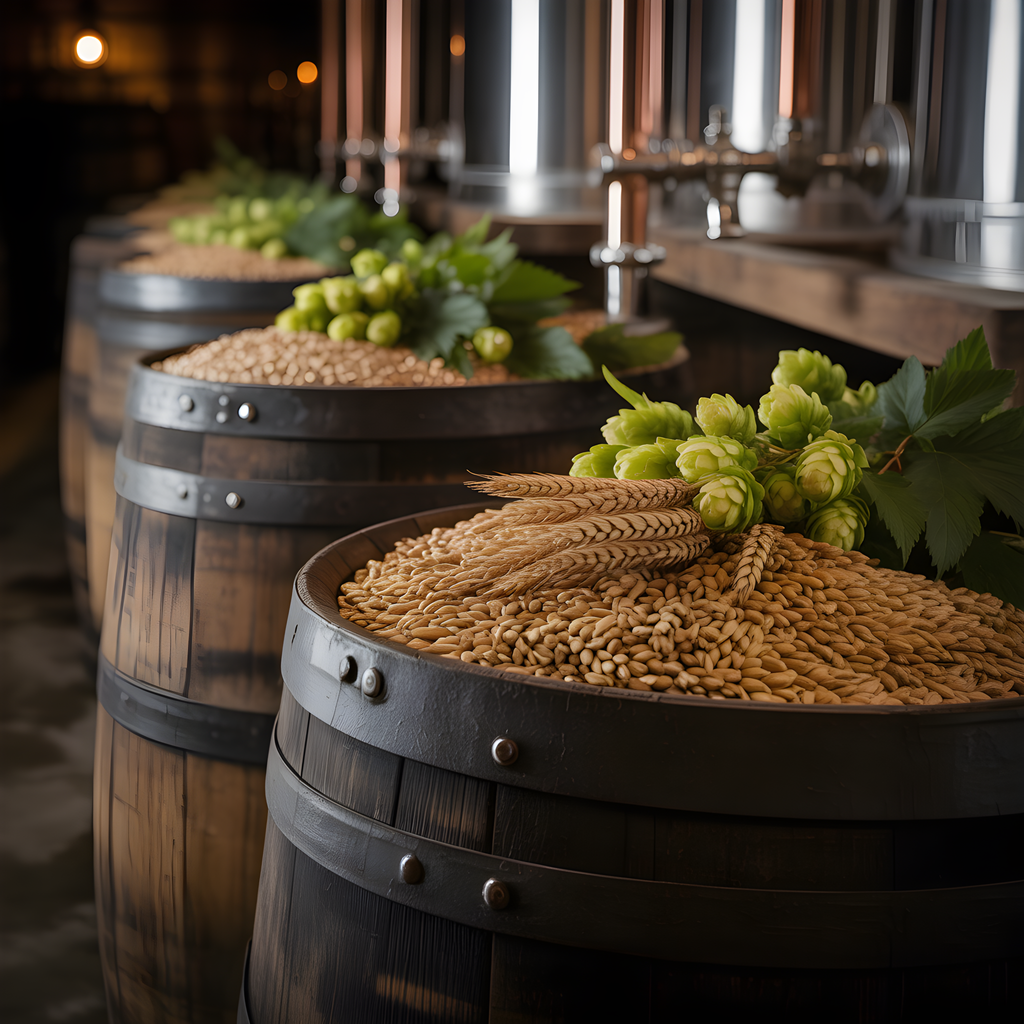 Brewery Barrels with Hops and Grain Photography Wall Art