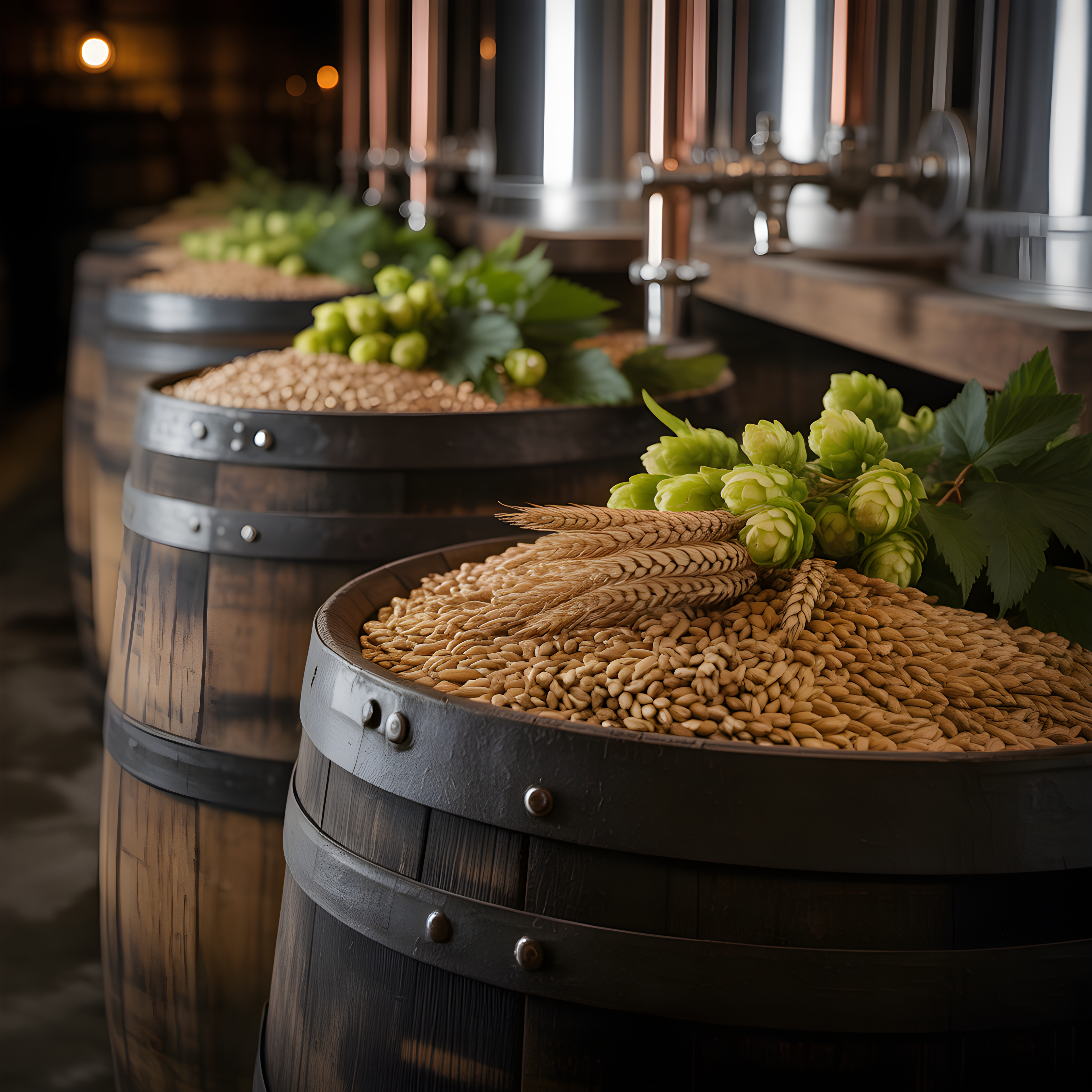 Brewery Barrels with Hops and Grain Photography Wall Art