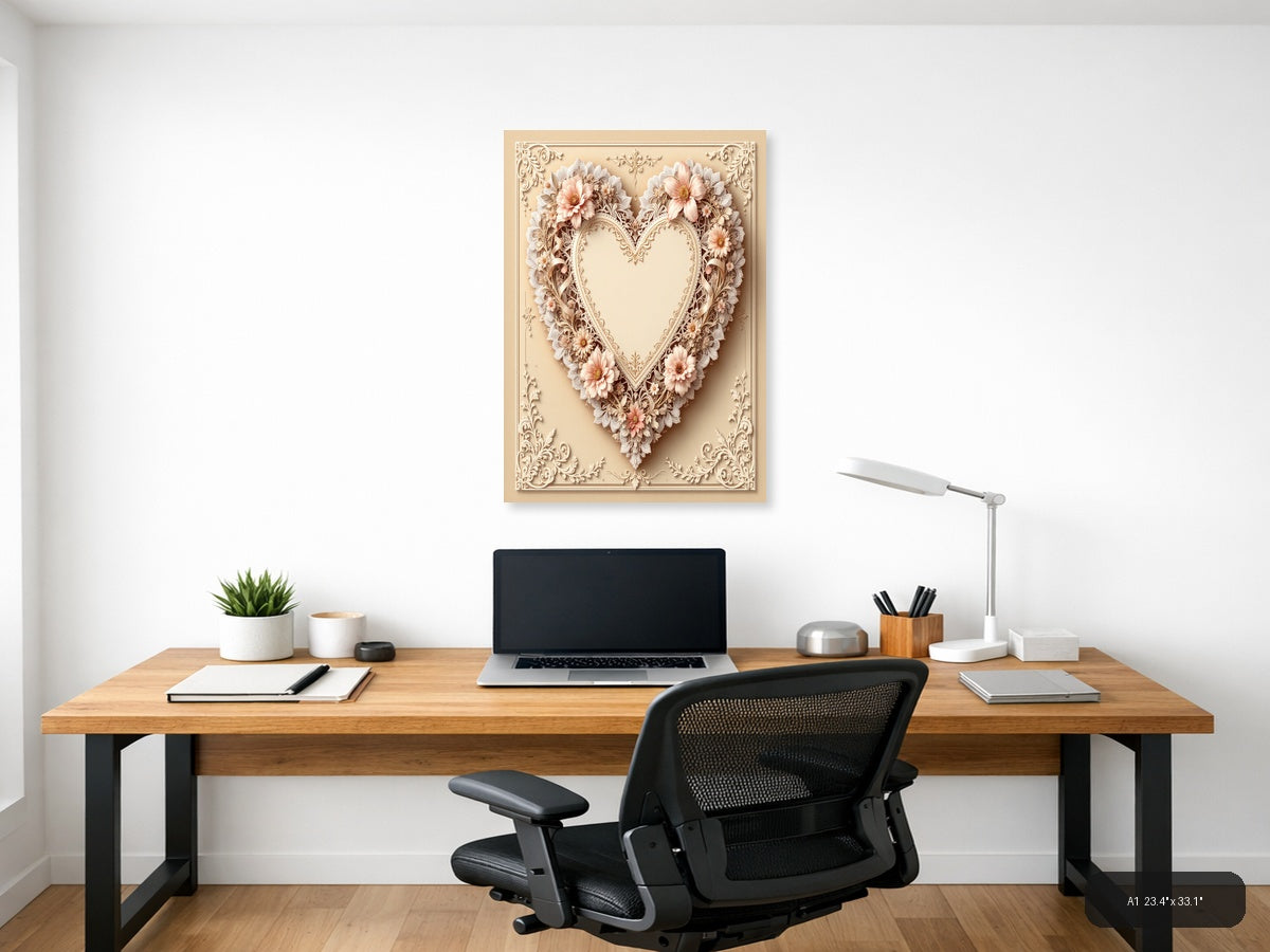 Vintage Heart with Pink Flowers & Ornate Lace Wall Art — A1 / Office