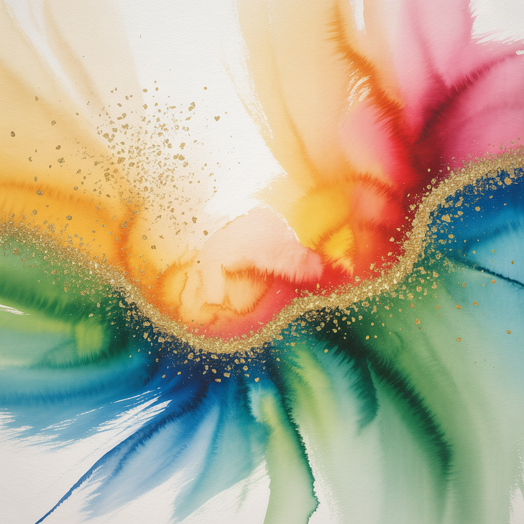 Rainbow Watercolor Flower with Gold Sparkle Wall Art