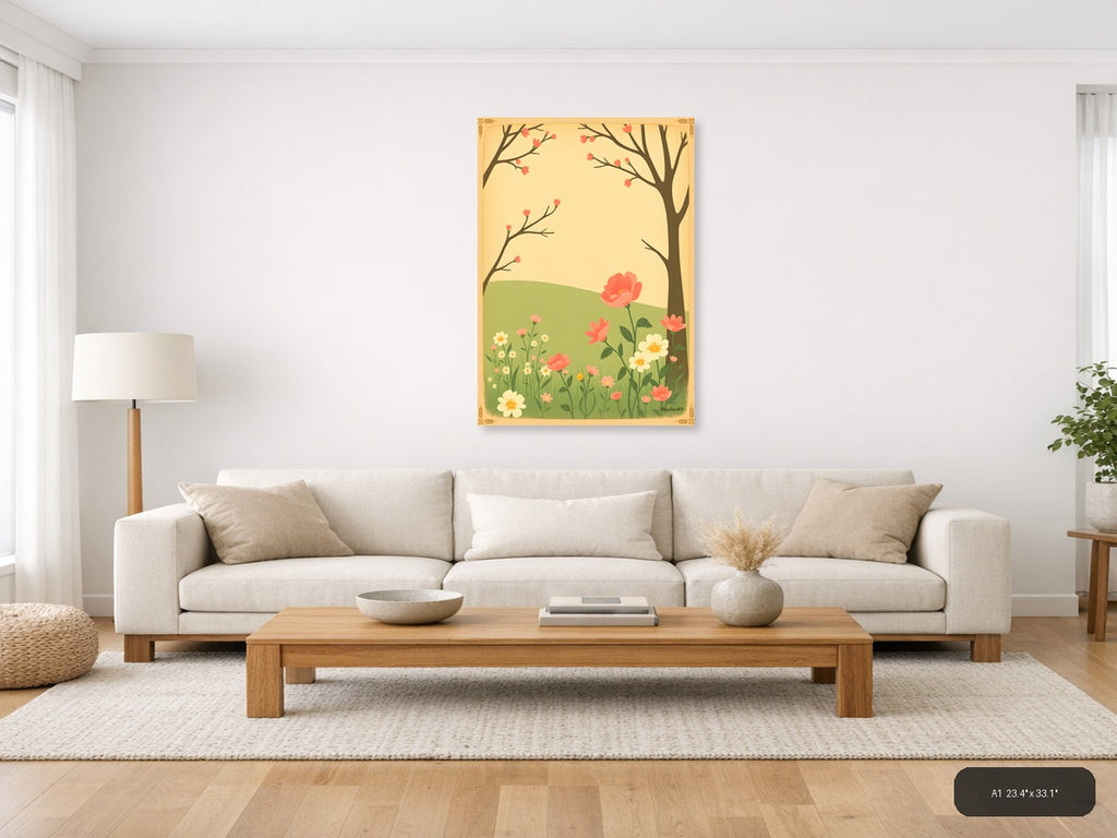 Vintage Spring Garden with Blooming Trees Wall Art — A1 / Living Room