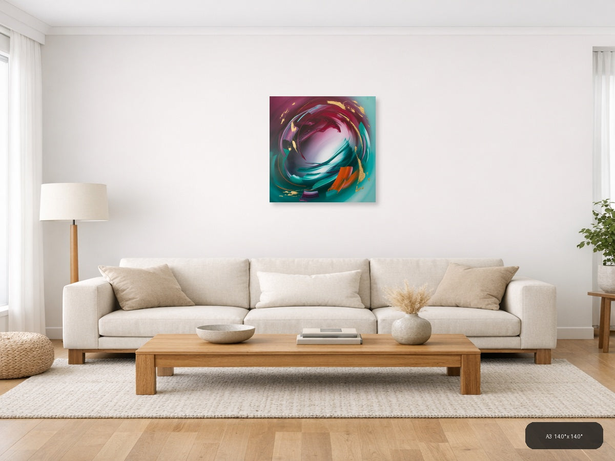 Abstract Swirl in Teal, Magenta & Gold Wall Art — A3 / Living Room