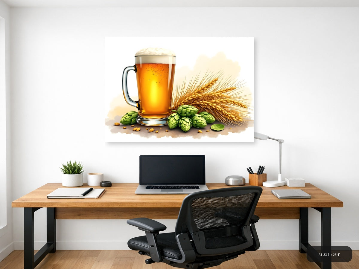 Beer, Hops & Barley Watercolor Illustration Wall Art — A1 / Office
