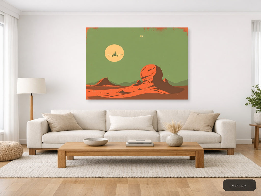Vintage Mars Landscape Aircraft Silhouette Wall Art — A1 / Living Room