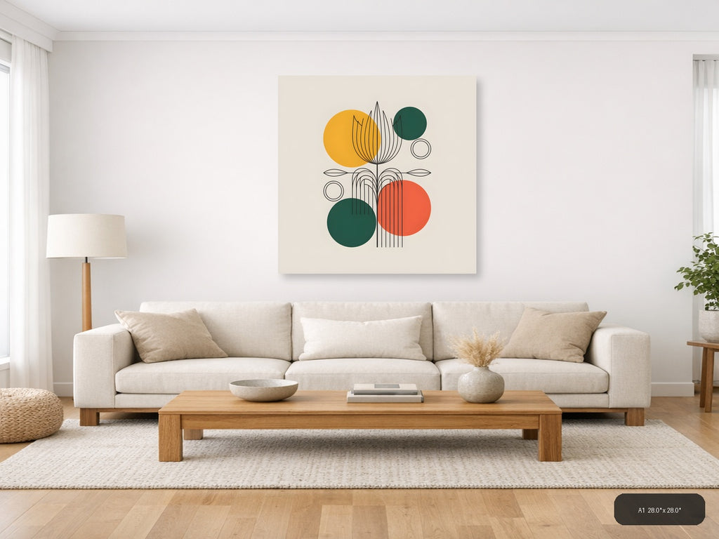 Abstract Botanical Line Art with Geometric Circles Wall Art — A1 / Living Room