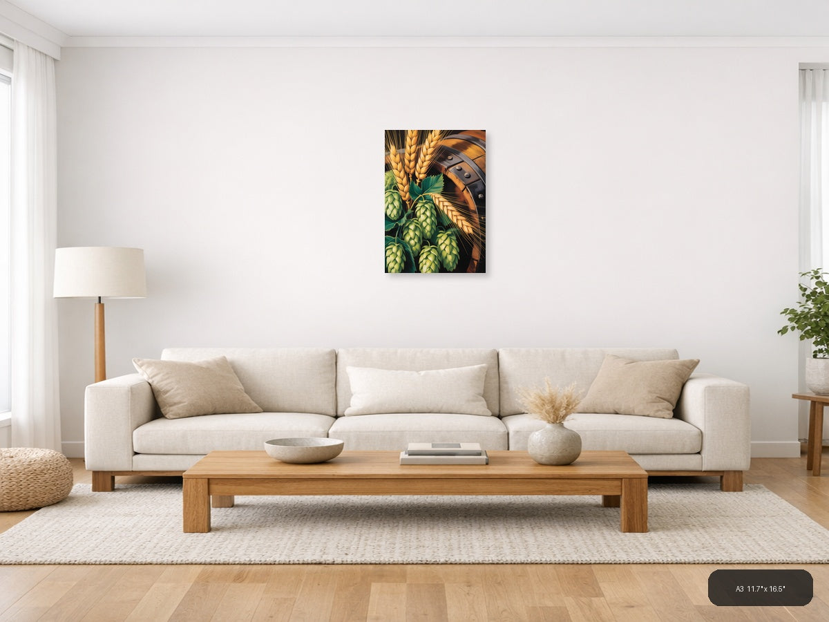 Beer Barrel & Hops Wheat Abstract Portrait Wall Art — A3 / Living Room
