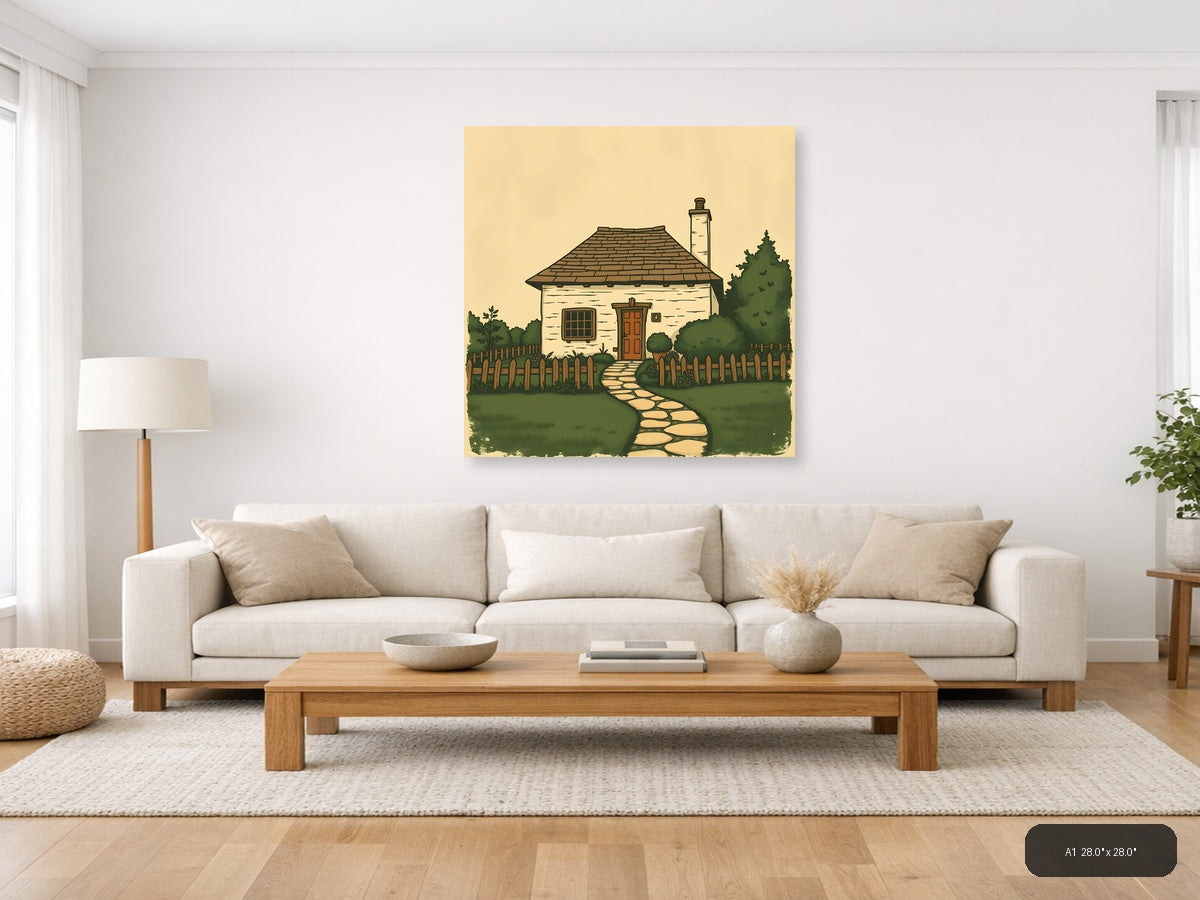 Vintage Cottage with Chimney & Garden Fence Wall Art — A1 / Living Room