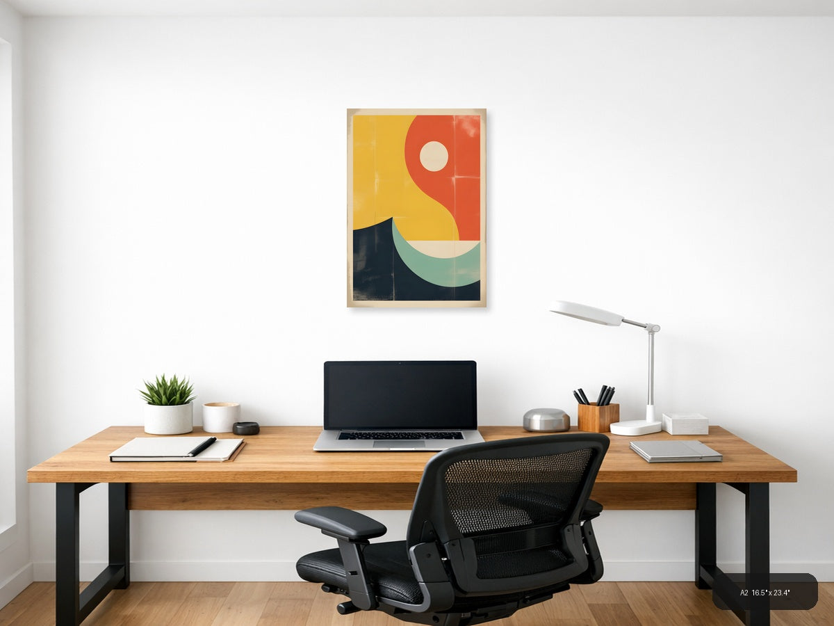 Vintage Geometric Sun and Wave Abstract Portrait Wall Art — A2 / Office
