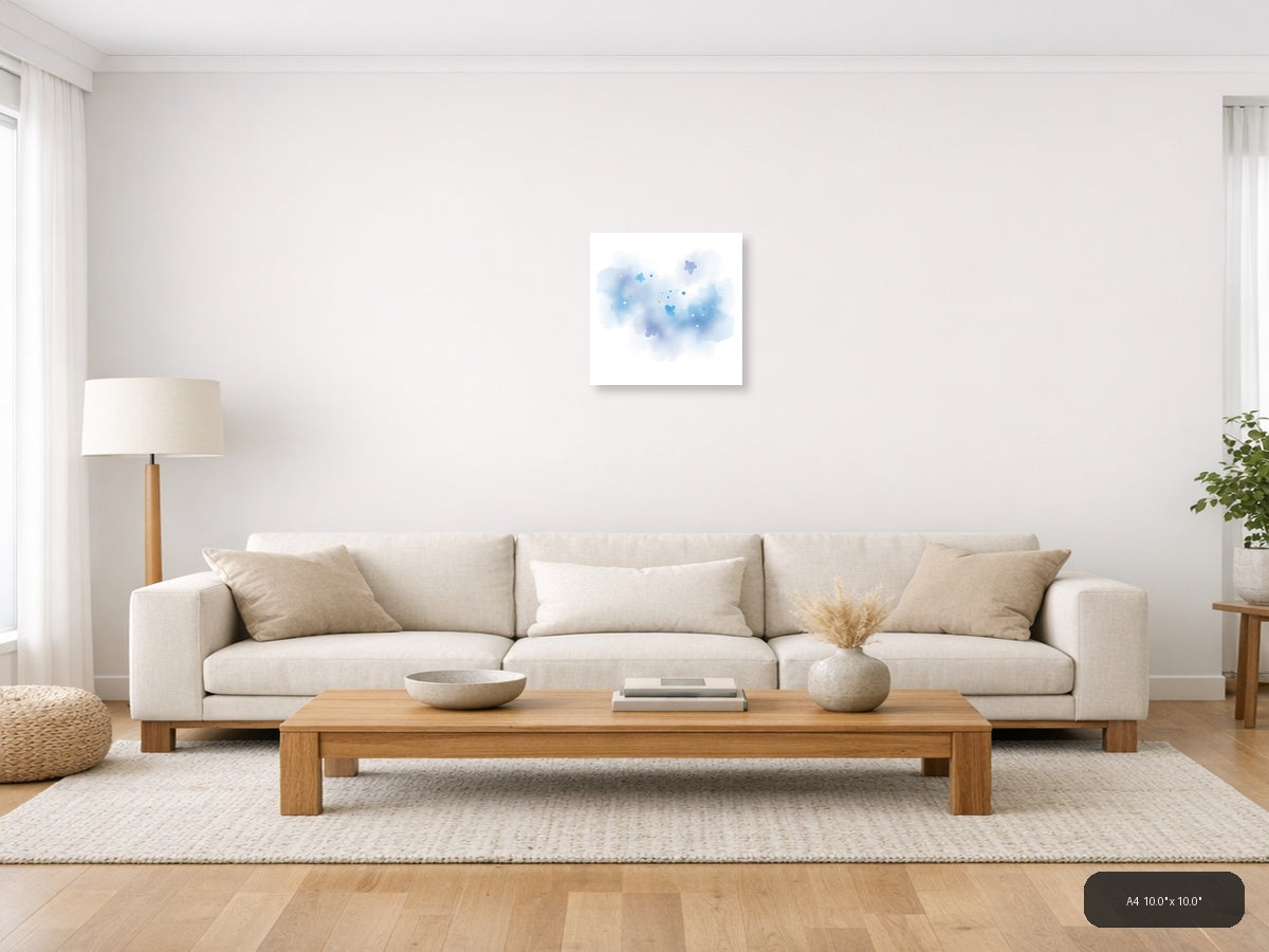 Dreamy Blue Watercolor Sky with Stars and Clouds Wall Art — A4 / Living Room
