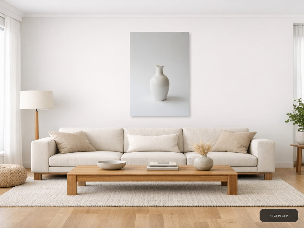 Minimalist White Ceramic Vase on Gray Wall Art — A1 / Living Room