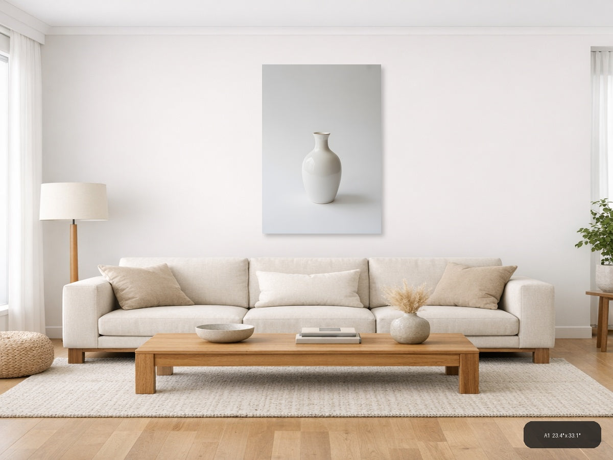 Minimalist White Ceramic Vase on Gray Wall Art — A1 / Living Room
