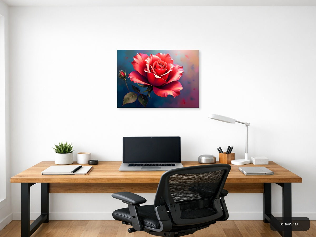 Red Rose with Bud Abstract Digital Wall Art — A3 / Office