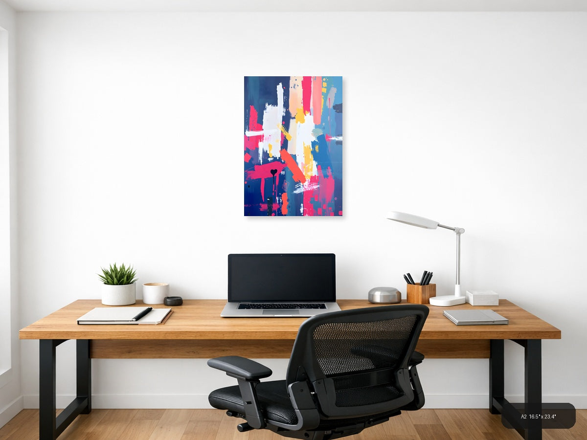 Vibrant Abstract Paint Splatter Blue Pink Yellow Wall Art — A2 / Office