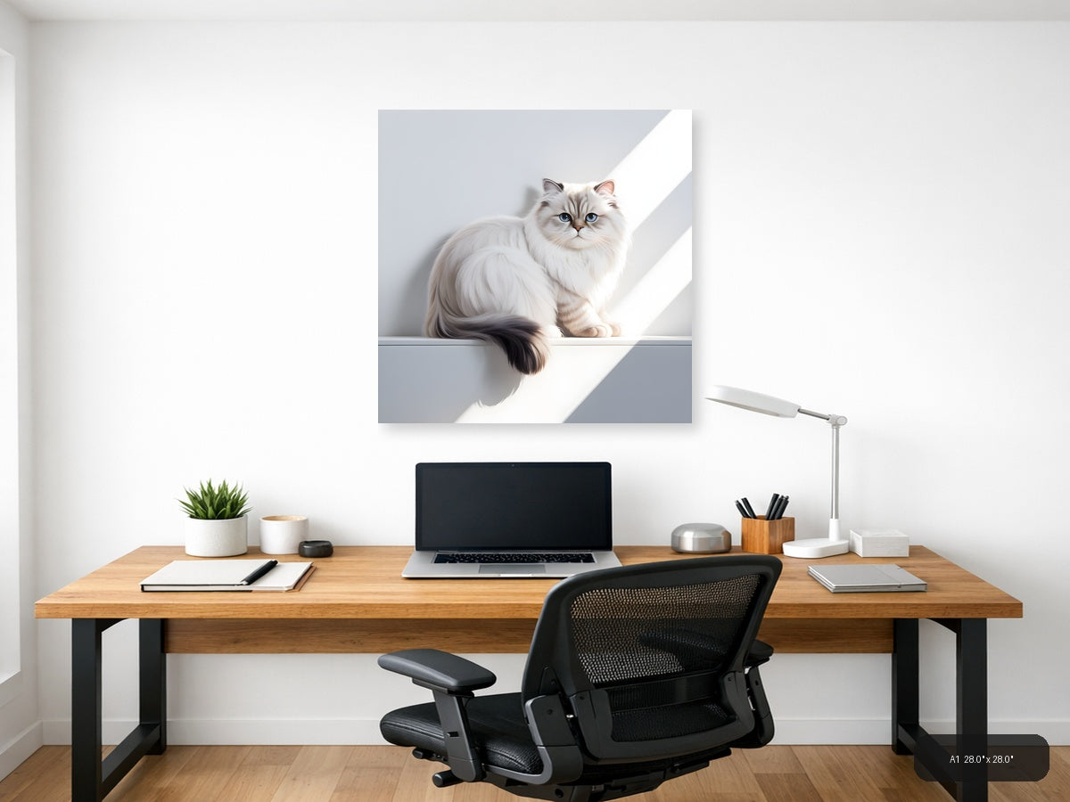 Minimalist White Cat with Blue Eyes Square Wall Art — A1 / Office