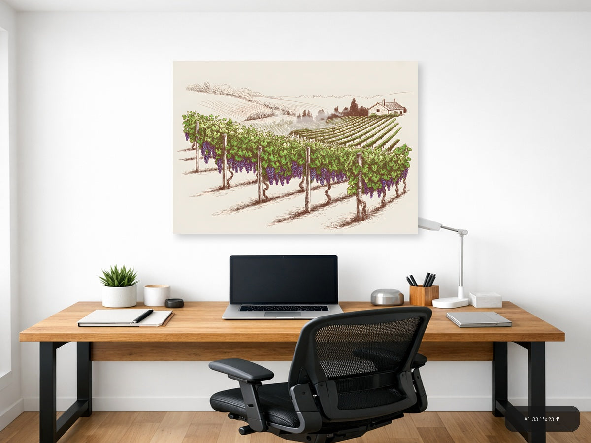Vineyard Landscape Line Art - Wine Country Wall Art — A1 / Office