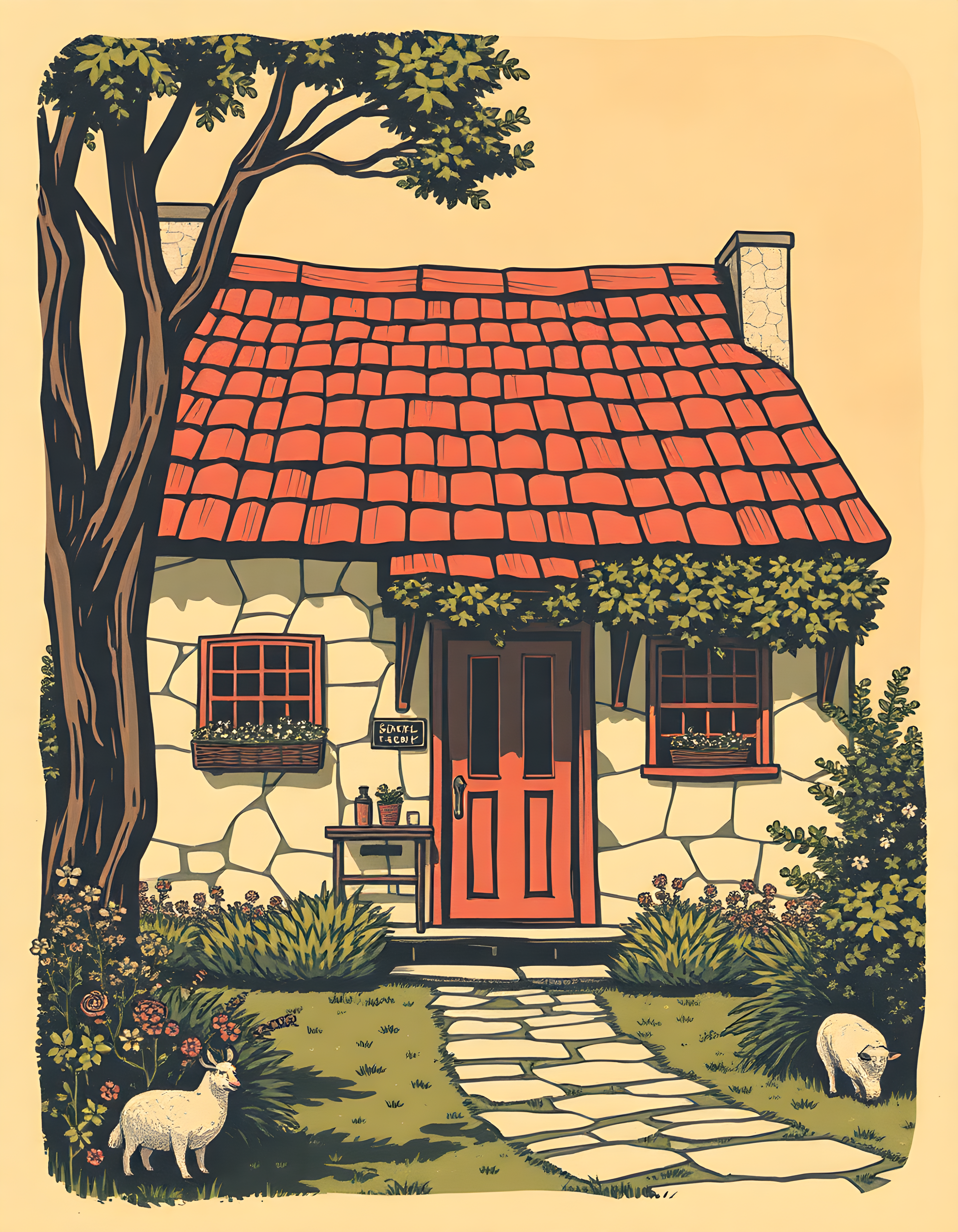 Vintage Cottage with Red Roof and Tree Wall Art