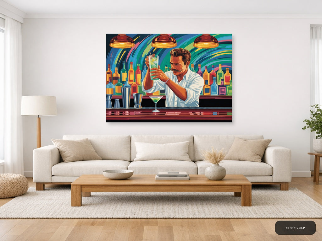 Vibrant Bartender Portrait Abstract Colorful Wall Art — A1 / Living Room