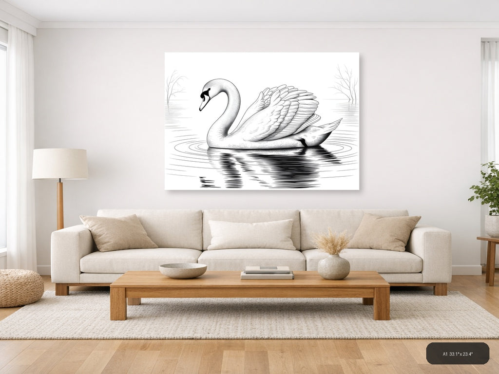 Elegant Swan Line Art Drawing - Black & White Wall Art — A1 / Living Room