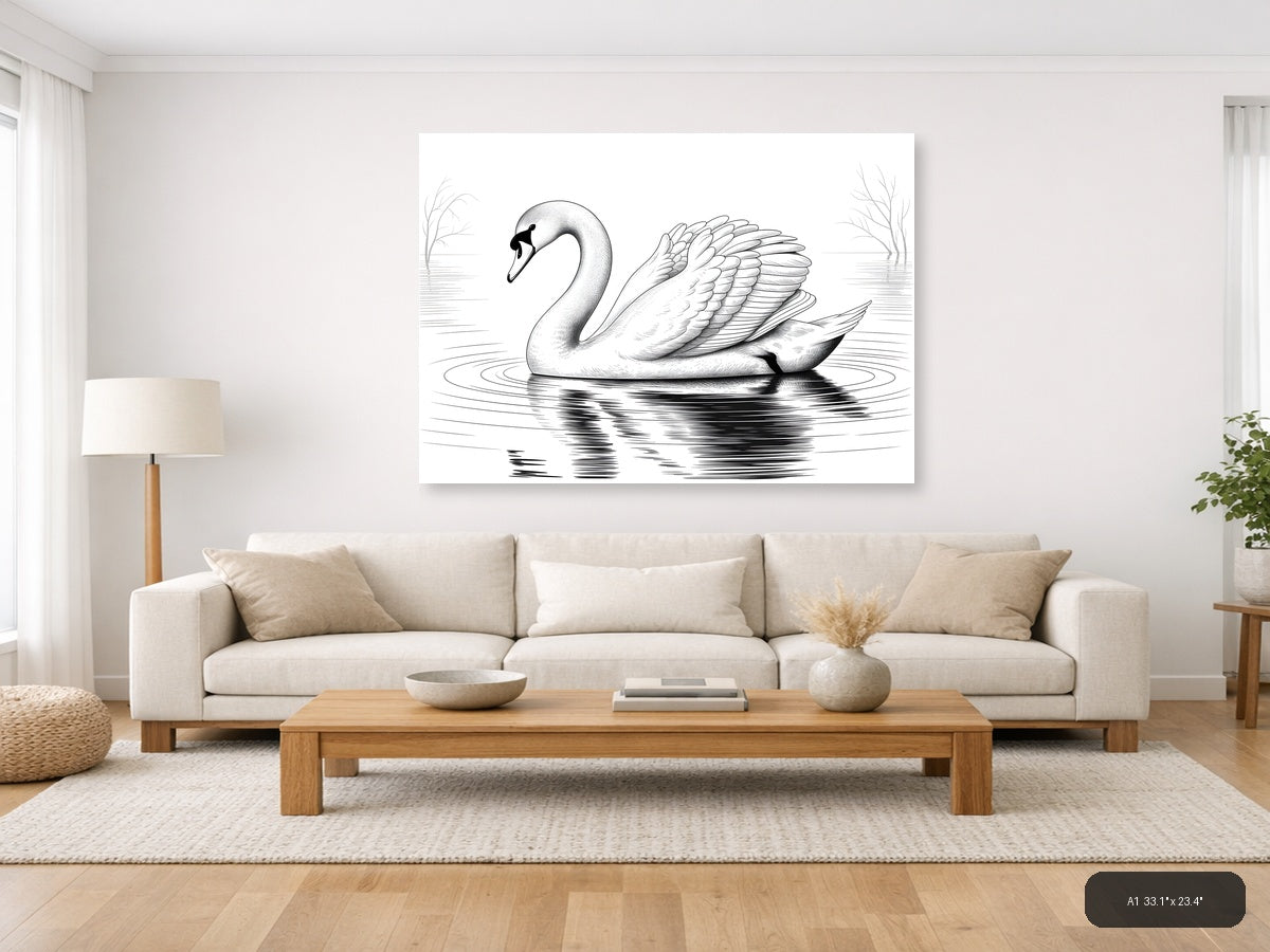 Elegant Swan Line Art Drawing - Black & White Wall Art — A1 / Living Room