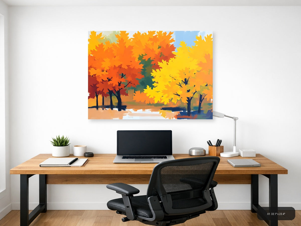 Abstract Autumn Trees by Water Landscape Wall Art — A1 / Office