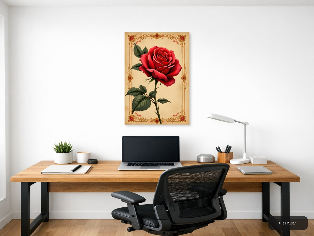 Red Rose Vintage Botanical Portrait Wall Art — A1 / Office