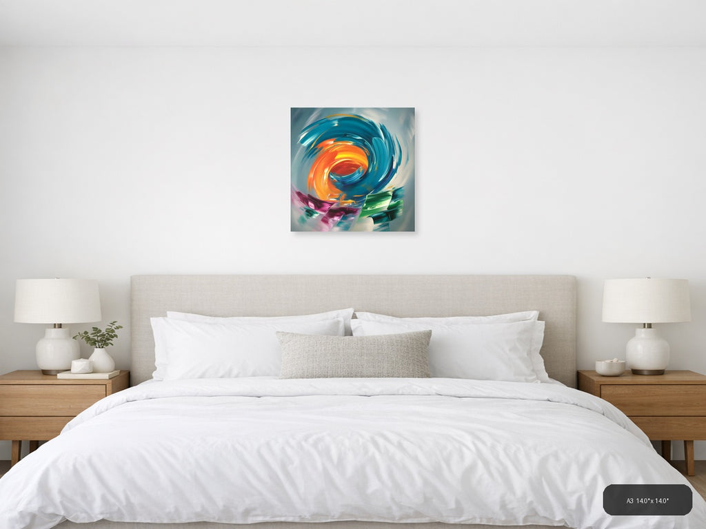 Vibrant Spiral Abstract Orange & Teal Canvas Wall Art — A3 / Bedroom