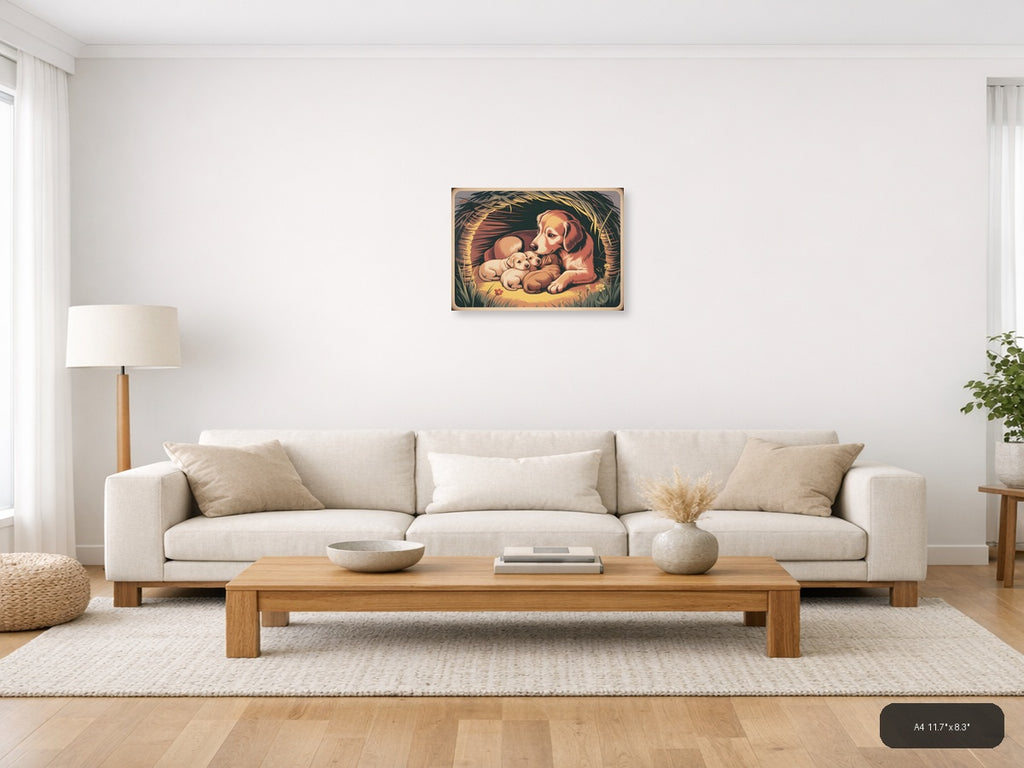 Vintage Mother Dog and Puppies Nest Wall Art — A4 / Living Room