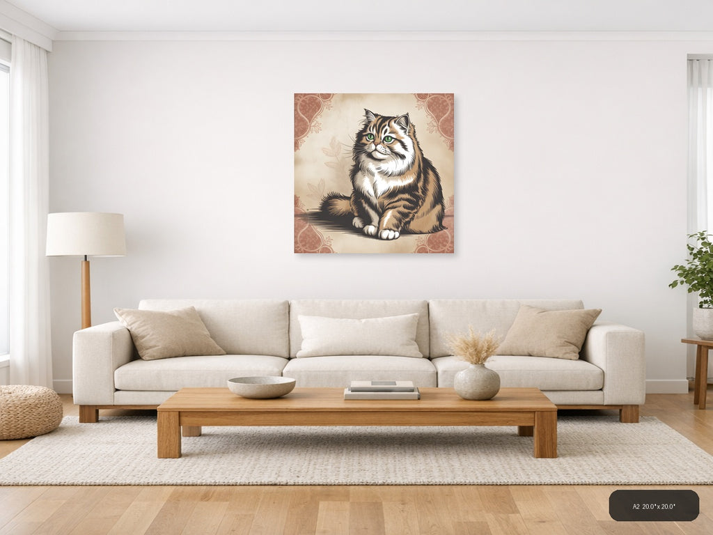 Vintage Tabby Cat with Green Eyes Square Wall Art — A2 / Living Room