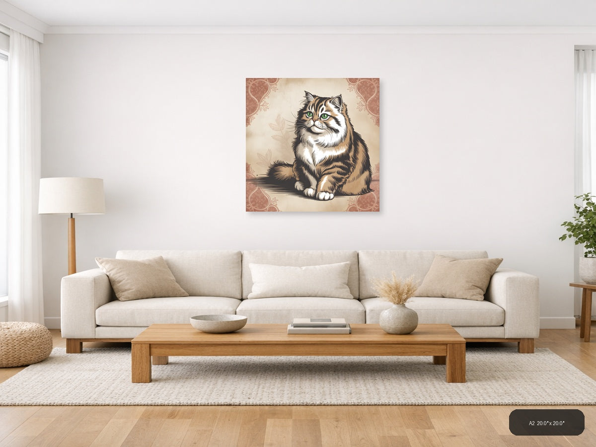 Vintage Tabby Cat with Green Eyes Square Wall Art — A2 / Living Room