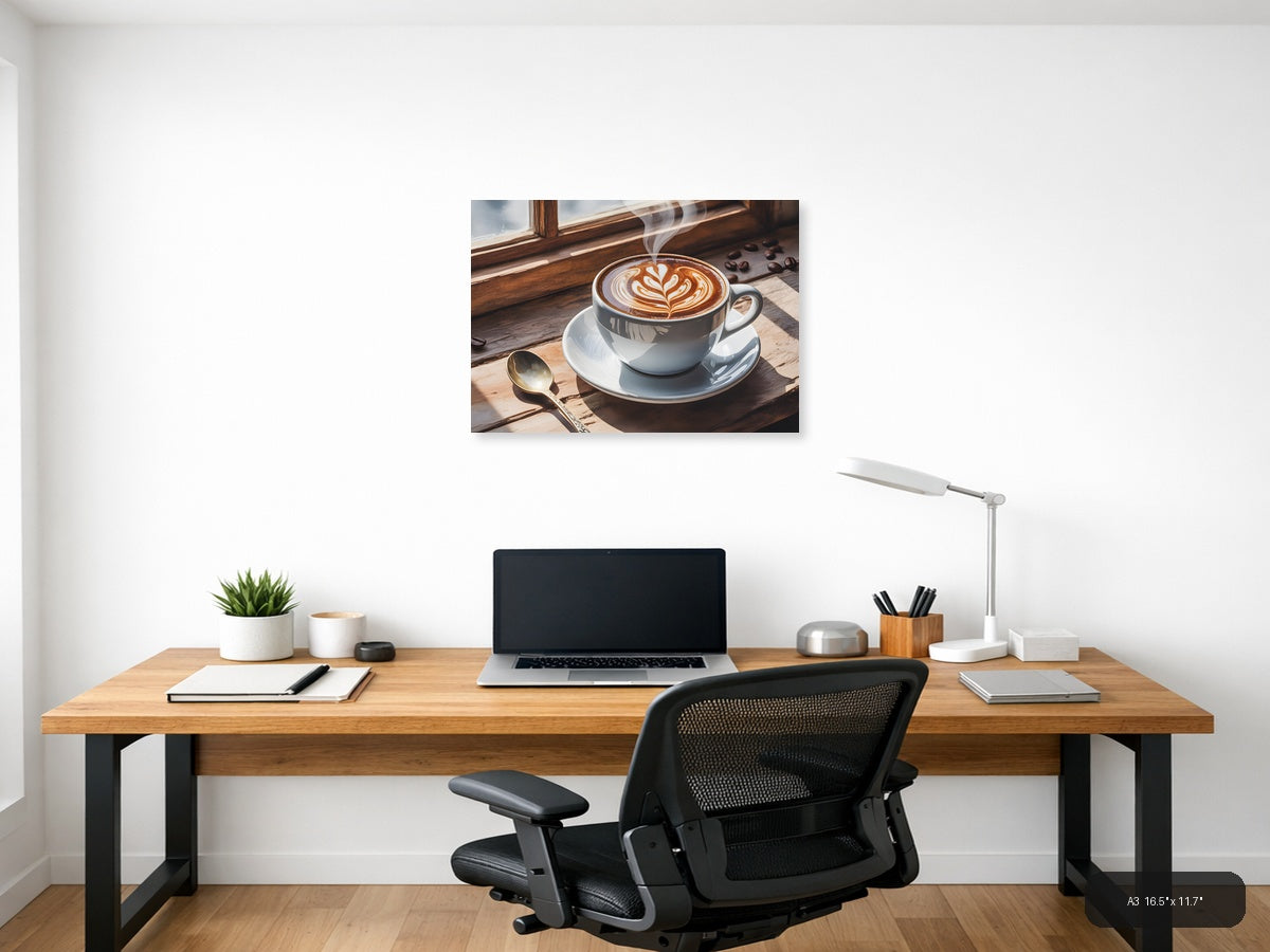 Latte Art Coffee Cup Window Watercolor Wall Art — A3 / Office