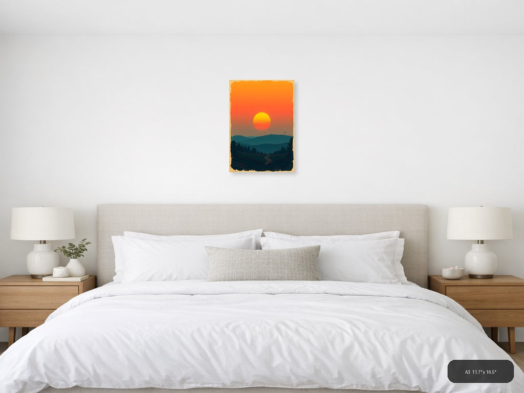 Vintage Sunset Mountain Road Landscape Wall Art — A3 / Bedroom
