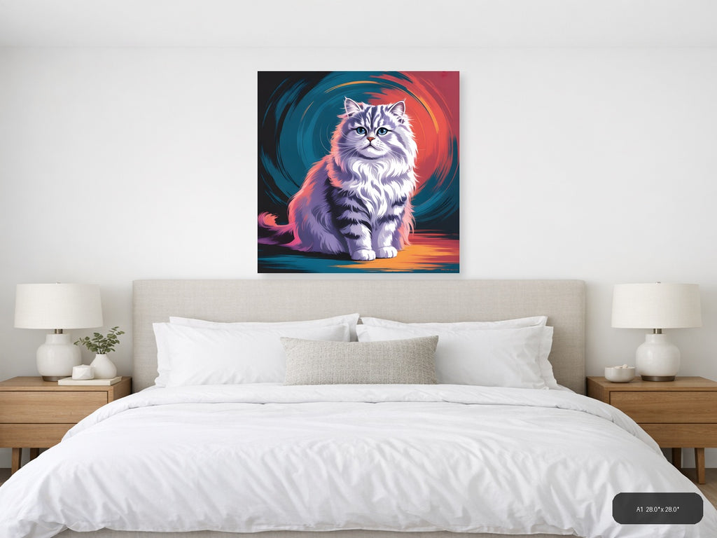 Fluffy Cat Abstract Portrait with Neon Colors Wall Art — A1 / Bedroom