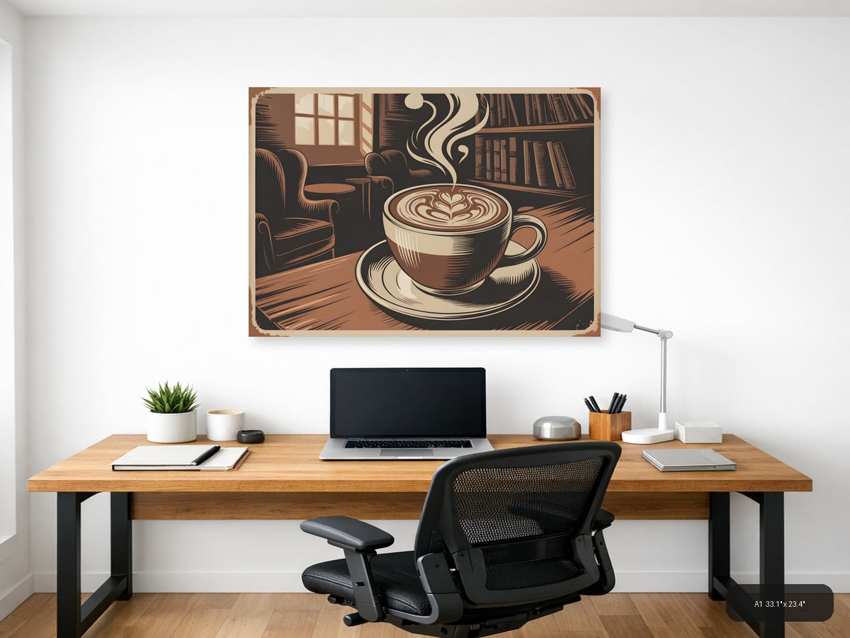 Cozy Coffee Shop Library Vintage Latte Art Wall Art — A1 / Office