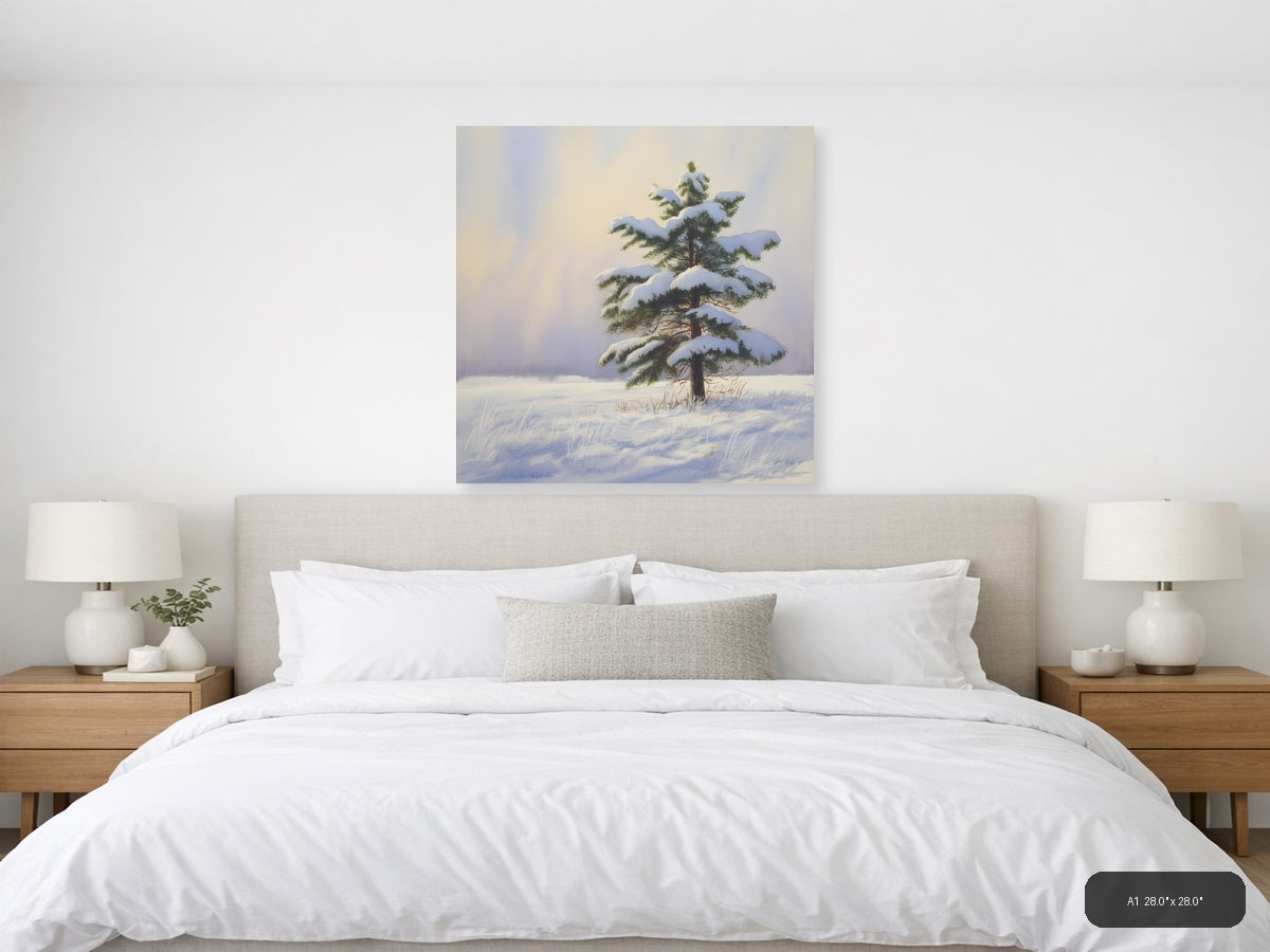 Snow-Laden Pine Tree Winter Landscape Watercolor Wall Art — A1 / Bedroom