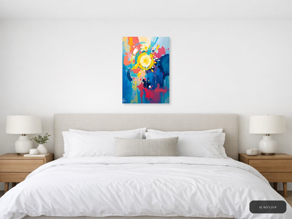 Vibrant Abstract Gear Head Burst Yellow Wall Art — A2 / Bedroom