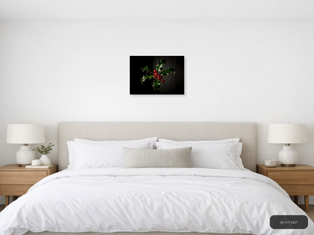 Holly Branch with Red Berries Photography Wall Art — A4 / Bedroom
