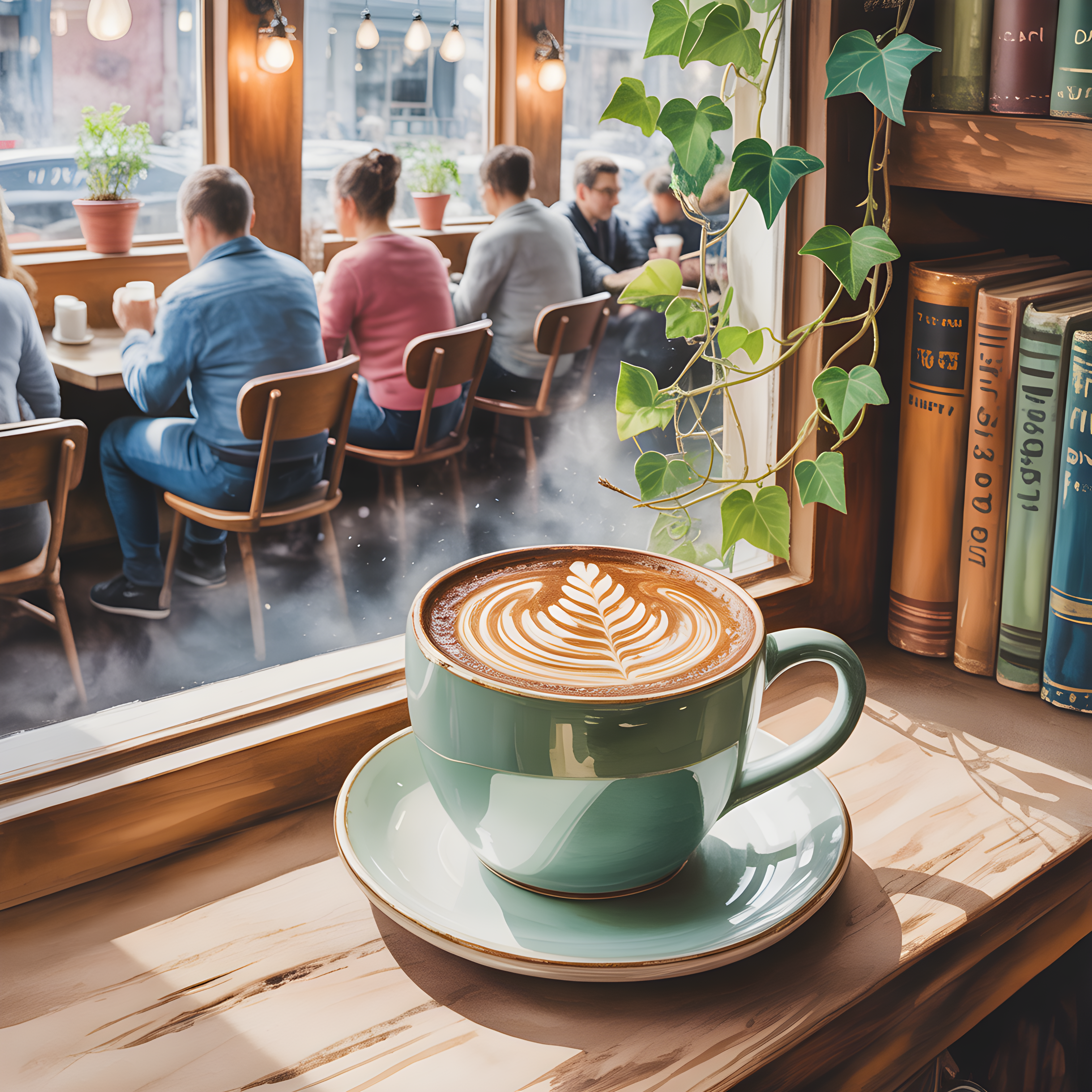 Cozy Café Latte Watercolor Window Scene Wall Art