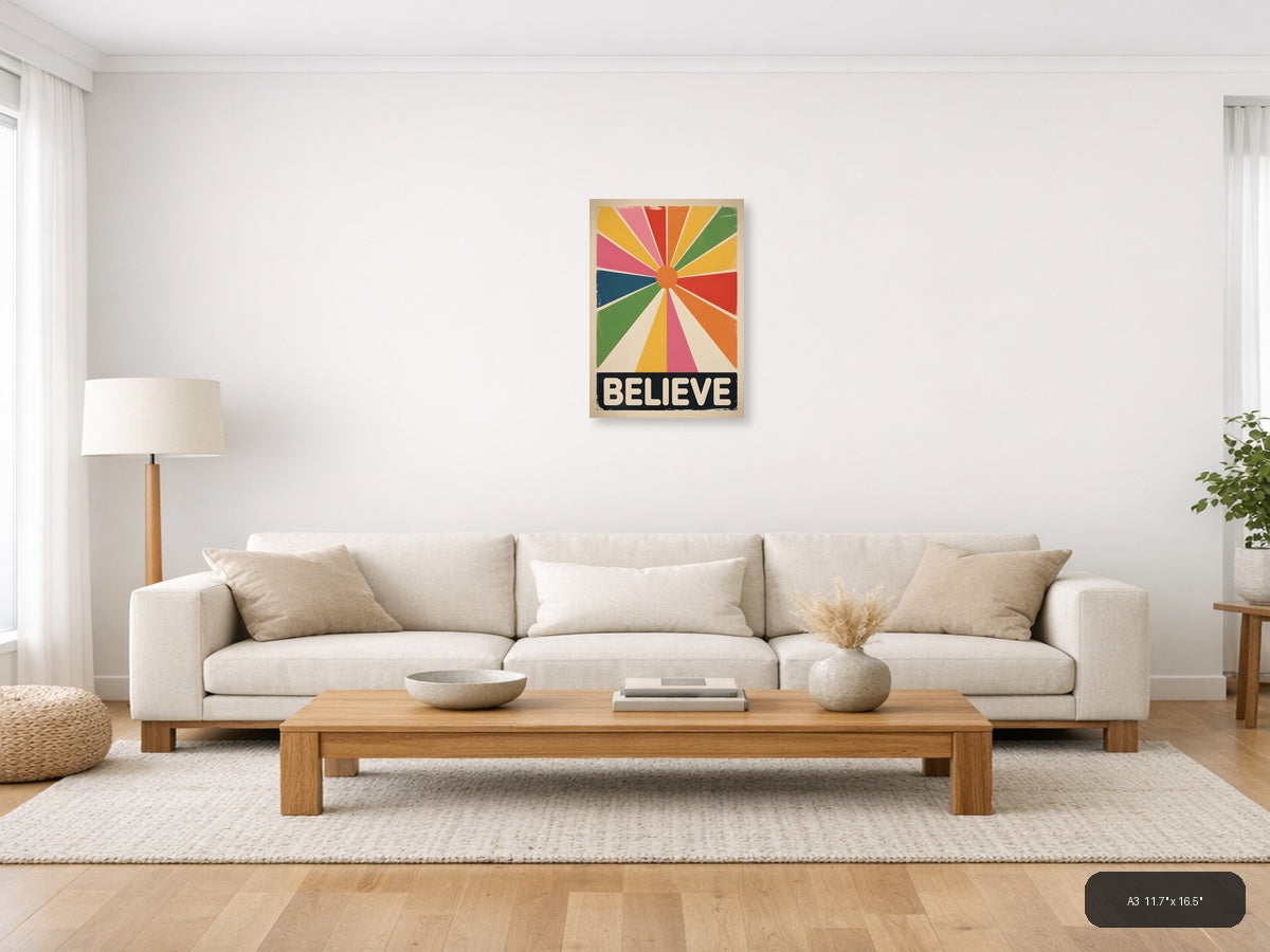 Vintage Believe Sunburst Motivational Wall Art — A3 / Living Room