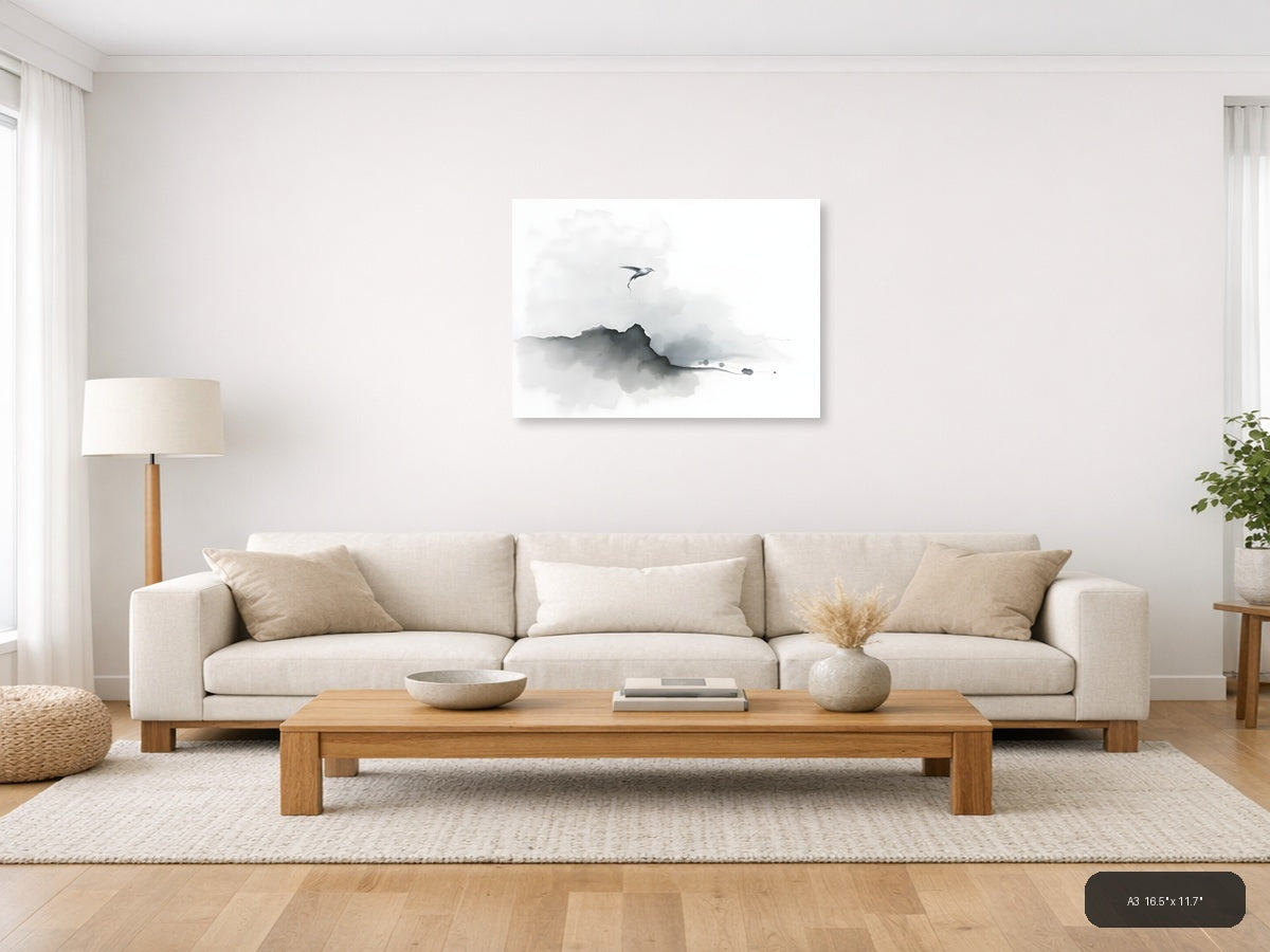 Minimalist Bird Over Mountain Mist Watercolor Wall Art — A3 / Living Room