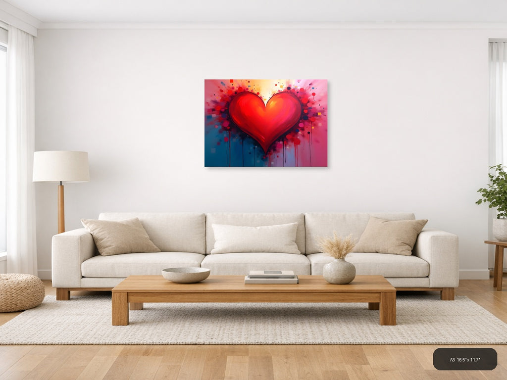 Red Heart Abstract Explosion Splatter Wall Art — A3 / Living Room
