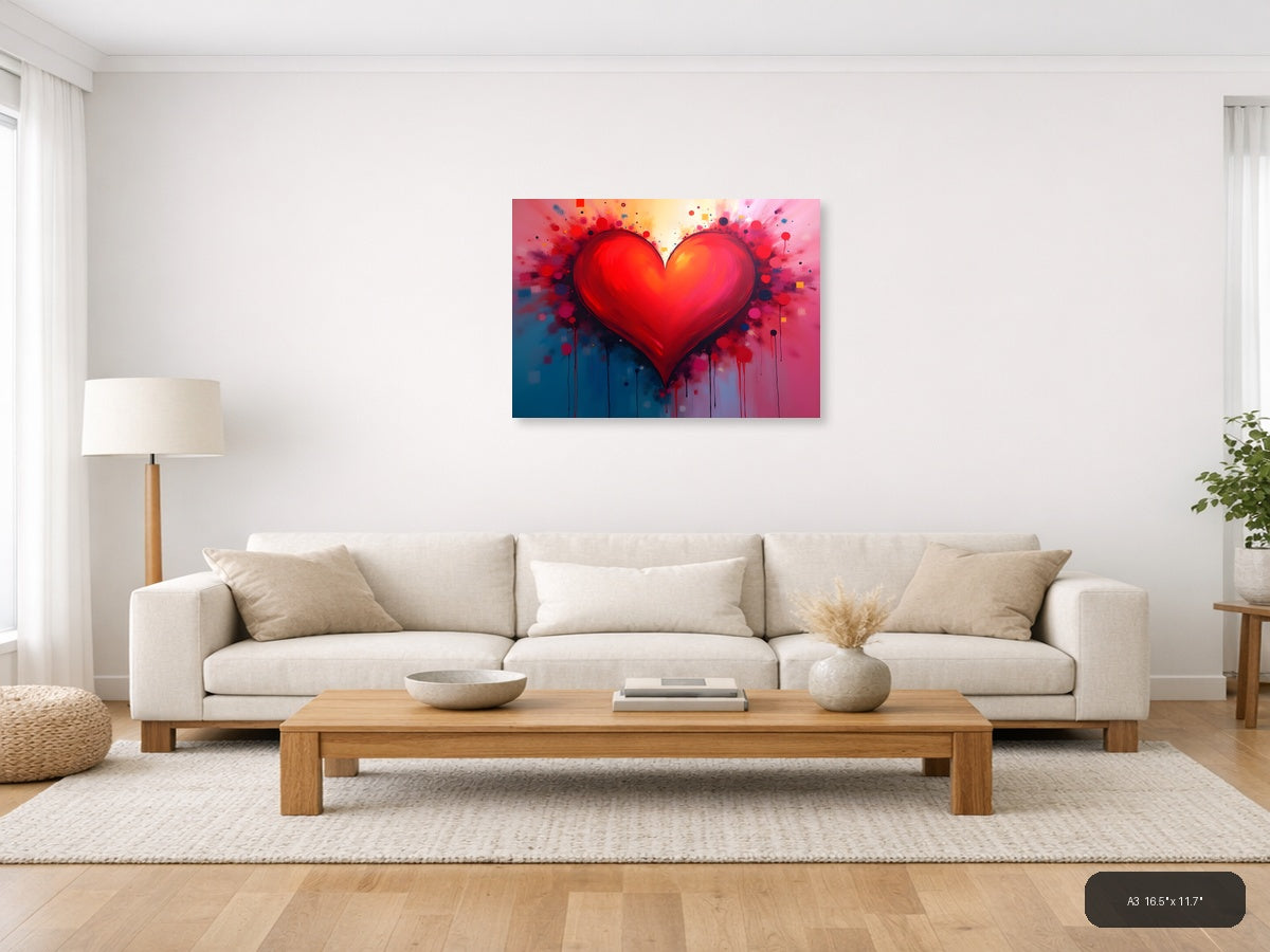 Red Heart Abstract Explosion Splatter Wall Art — A3 / Living Room