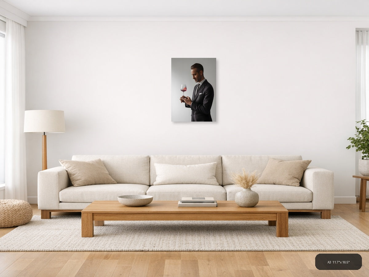 Minimalist Man with Wine Glass Portrait Wall Art — A3 / Living Room